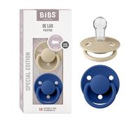 BIBS De Lux Ciuccio, 0+ mesi, confezione da 2, Vanilla/Cornflower | Tettarella rotonda | Silicone | Taglia unica | Senza BPA | Prodotto in Danimarca | Scudo anti-irritazione