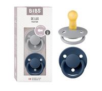 BIBS De Lux Ciuccio, 6-18 mesi, confezione da 2, Cloud/Steel Blue | Tettarella rotonda | Lattice di gomma naturale | Taglia 2 | Senza BPA | Prodotto in Danimarca | Scudo anti-irritazione
