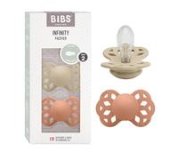 Ciucciotto Infinity simmetrico BIBS, confezione da 2, senza BPA, tettarella simmetrica in silicone, Tettarella simmetrica. Silicone, Prodotto in Danimarca, Misura 2 (6-18 mesi), Vanilla/Peach