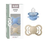 BIBS Supreme Ciuccio, 6-18 mesi, confezione da 2, Vanilla/Sky Blue | Tettarella simmetrica | Silicone | Taglia 2 | Senza BPA | Prodotto in Danimarca | Scudo anti-irritazione