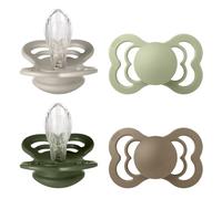BIBS Supreme Ciuccio confezione da 4 pezzi. Privo di BPA, Tettarella simmetrica. Silicone, Prodotto in Danimarca. Taglia 2 (6-18 mesi), Sand/Sage/Hunter Green/Dark Oak