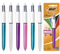 BIC 4 colori Shine Multicolore, penna a sfera retrattile, nero, blu, verde, rosso, punta media 1,0 mm, confezione da 6, fusti metallici assortiti
