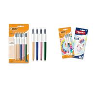 BIC 4 Colori Wood Effect, Penne Multicolore, Set di 5 Penne a Sfera con Fusti Effetto Legno 4Colori Penne Multicolore a Sfera e Tipp-Ex Bianchetti a Nastro, Decori Tie Dye, 5 Unità