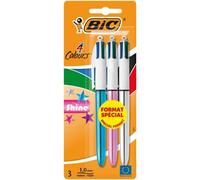 Bic 4 Colours Shine Pack de 3 Boligrafos de Bola Retractil - Punta de 1mm - Trazo de 0.4mm - Tinta con Base de Aceite - Cuerpo Oro/Blanco - 4 Colores