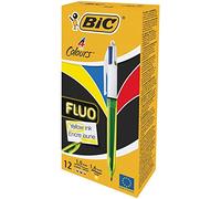 Bic 4Colori Fluo, Penne a Sfera a Scatto Multicolore, Punta Media 1mm, Inchiostro Nero, Blu, Rosso e Giallo Fluo, 12 Unità, Cancelleria Scuola e Ufficio