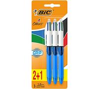 BIC 4Colori Grip, Penne a Sfera a Scatto, Colorate, Punta Media (1 mm), Cancelleria Scuola e Ufficio, Set Penne 2+1 Unità