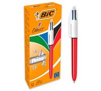 BIC 4Colori Shine, Penne a Sfera a Scatto, Punta Media (1.00mm), Confezione da 12 Penne con Fusto Rosso in Metallo, Fornitura Scuola e Ufficio