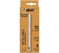 BIC Cristal Re'New, Penna Ricaricabile Blu a Sfera, Fusto in Metallo Punta 1mm, Confezione 1 Penna + 2 Ricariche Bic Cristal