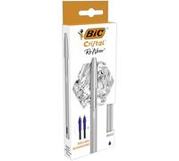 BIC Cristal Re'New, Penna Ricaricabile Blu a Sfera, Fusto in Metallo Punta 1mm, Confezione 1 Penna + 2 Ricariche Bic Cristal