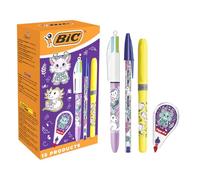 BIC Animali Fantastici - Penne a Sfera Punta Media (1,0 mm), Evidenziatori Fluo e Pastello dalla punta a scalpello, Correttore a Nastro - Motivi Assortiti, Confezione da 15