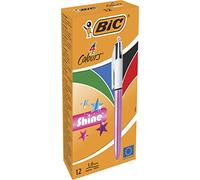 BIC - Confezione da 12 penne a sfera con 4 colori brillanti, colore: Rosa metallizzato, 4 colori (blu, nero, rosso, verde)