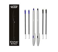 BIC Cristal Re'New Gift Box, Penna a Sfera Ricaricabile in Metallo, Colore Blu e Nero, 2 Penne + 4 Ricariche, Penne da Regalo, Scuola e Ufficio