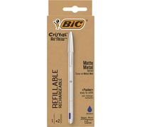 BIC Cristal Re'New, Penna Ricaricabile Blu a Sfera, Fusto in Metallo Punta 1mm, Confezione 1 Penna + 2 Ricariche Bic Cristal