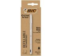 BIC Cristal Re'New, Penna Ricaricabile Nera a Sfera, Fusto in Metallo Punta 1mm, Confezione 1 Penna + 2 Ricariche Bic Crista