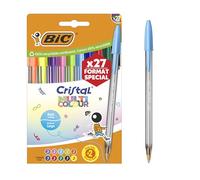 BIC Penne a Sfera, Cristal Multicolour, per Fornitura per Cancelleria Scuola e Ufficio, Punta Larga (1.6mm), Colori Assortiti, Confezione da 20 + 7 Unità
