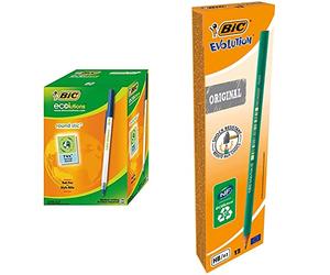 BIC Ecolutions, 893240, Round Stic, Blu, 60 pezzi & Matita In Grafite, Evolution Ecolutions, Per Scrivere A Scuola E In Ufficio, Verde, 12 Unità (Confezione da 1)