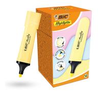 BIC - Evidenziatore piatto, confezione da 12 evidenziatori in plastica con inchiostro giallo pastello, evidenziatori per note lisce, evidenziatori precisi, ideali per scuola e ufficio