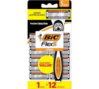 BIC Flex 5 Rasoi Ricaricabili da Uomo, Rasoi a 5 Lame di Lunga Durata per una Rasatura Liscia e Confortevole, 1 Manico e 12 Cartucce, Kit da 13 Pezzi