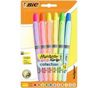 BIC - Highlighter Grip, evidenziatori con punta smussata regolabile, colori vivaci e pastello, confezione da 12