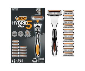 BIC Hybrid 5 Flex Rasoio da Uomo Ricaricabile, 1 Manico, 10 Ricariche 5 Lame di Precisione Nanotechnology, Nero - Confezione da 1+10 Unità