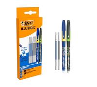 BIC Illusion Penne cancellabili e ricaricabili a punta media e ricariche (0,7 mm) - inchiostro blu e nero, confezione da 2 penne + 6 ricariche