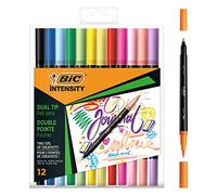 BIC Intensity Dual Tip, pennarello a doppia punta. Punta sottile (0,7 mm) e punta del pennello flessibile, colori assortiti originali e pastello, confezione da 12 pezzi