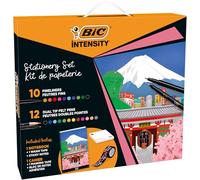 BIC Intensity Japan, Set Cancelleria Creativa, 10 Pennarelli Punta Fine Colorati, 12 Pennarelli Dual-Tip Colorati, Nastro Washi Tape Colorato Stile Giapponese, Fogli Adesivi e Quaderno con Fogli Bianchi, 25 Unità