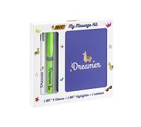 Bic My Message Dreamer Kit - Kit di cancelleria con 1 penna a sfera a 4 colori, 1 evidenziatore Grip Green, 1 taccuino A6 bianco