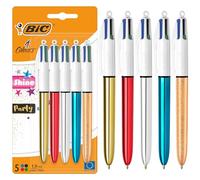 BIC Penne a Sfera a Scatto 4 Colours Shine e Party Punta Media (1,00 mm) nei Colori Argento Metallizzato, Oro, Rosso, Blu e Oro con Effetto Champagne - Confezione da 5