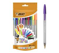 BIC Penne Colorate a Sfera, Cristal Multicolour, Colori Assortiti, Punta Larga (1.6 mm), Confezione da 20 Cancelleria Scuola