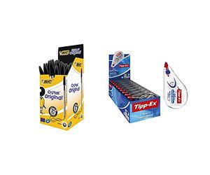 BIC Penne Nere a Sfera Cristal Original, Punta Media, 1.00 mm, Confezione 50 Penne + Correttore a Nastro, 6 M X 5 mm, Confezioni da 10