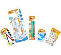 BIC Set Cancelleria Disegno Scuola per Bambini, 1 Compasso, Righello, Squadra e Goniometro, 10 Matite Grafite HB, 1 Temperino e 6 Gomme da Cancellare, 21 Unità, Cancelleria Scuola e Casa