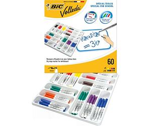 BIC Velleda 1741 Pennarelli per lavagna bianca cancellabili a secco, punta conica media, colori assortiti, confezione da 60