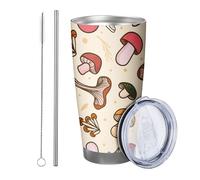 Bicchiere a forma di fungo con coperchio e cannuccia, motivo a foglie botaniche, motivo di piante carine, beige, rosa, in metallo inossidabile, caldo e freddo, per ufficio
