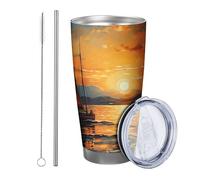Bicchiere alba con coperchio e paglia Paesaggio nautico barca nube montagna mare oceano sole bohemien arancione blu metallo caldo e freddo senza fuoriuscite cortile picnic palestra con paglia