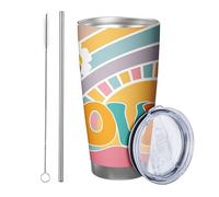 Bicchiere arcobaleno con coperchio e cannuccia, stile bohémien, motivo astratto, con lettera d'amore, colore giallo rosa, in metallo inossidabile caldo e freddo, riutilizzabile, per ufficio, esterno