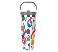Bicchiere colorato con note musicali da 880,5 g, con manico superiore, in acciaio inox, isolato sottovuoto, tazza da caffè con coperchio e cannuccia, bottiglia d'acqua a tenuta stagna per donne e