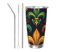 Bicchiere colorato per Mardi Gras con 2 cannucce e coperchio, portabicchieri termico per auto, Fleur De Lis, da 590 ml, in acciaio inox, da viaggio, per bevande calde e fredde