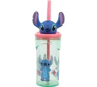 CARTOON Bicchiere con cannuccia con personaggio 3D in plastica riutilizzabile BPA Free capacità 360 ml (Stitch)
