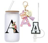 Bicchiere con Cannuccia in Vetro con Coperchio e Portachiavi a Lettera,A-Z Lettera Bicchiere Con Cannuccia,Bicchieri,Tazza Personalizzata,500ml Tumbler con Coperchio,regalo donna per amici,sorelle(A)