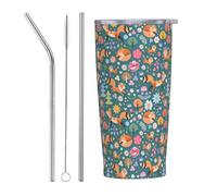 Bicchiere con coperchio e cannuccia, in acciaio inox, da 590 ml, con volpi e uccelli nella foresta, tazza da caffè da viaggio personalizzata