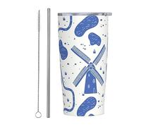 Bicchiere con motivo cartoon mulino a vento con coperchio e cannuccia Bicchiere da caffè riutilizzabile con isolamento sottovuoto in acciaio inossidabile da 20 once Tazza da viaggio