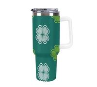 Bicchiere con motivo verde - Bicchiere in acciaio inossidabile isolato da 40 once con manico, coperchio e cannuccia, - Tazza da viaggio per bevande calde e fredde per caffè, acqua, tè e fru