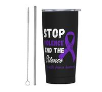 Bicchiere con Nastro per Consapevolezza sulla Violenza Domestica, Stop alla Violenza, Fine del Silenzio, con Coperchio e Cannuccia, Bicchiere da 20 Once in Acciaio Inossidabile con Isolamento sotto V