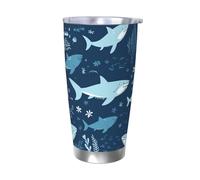 Bicchiere con squali, con coperchio e cannuccia, da 590 ml, in acciaio inox, per bevande calde e fredde, a doppia parete, da viaggio, riutilizzabile, regalo di compleanno
