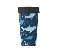 Bicchiere con squali, con coperchio e manico, 500 ml, in acciaio inox, per bevande calde e fredde, tazza da caffè da viaggio a doppia parete, riutilizzabile, regalo di compleanno