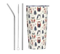 Bicchiere con stampa gufo nel bosco con coperchio e cannuccia, bicchieri isolati in acciaio inox da 590 ml, bottiglia da caffè personalizzata