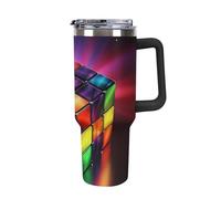 Bicchiere da 1,134 g con manico e cannuccia, doppio vuoto, a prova di perdite, da viaggio, carina, bottiglia d'acqua magica, cubo puzzle, tazza per auto per donne e uomini