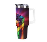 Bicchiere da 1,134 g con manico e cannuccia, doppio vuoto, a prova di perdite, da viaggio, carina, bottiglia d'acqua magica, cubo puzzle, tazza per auto per donne e uomini