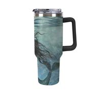 Bicchiere da 1180 ml con manico, isolato riutilizzabile, in acciaio inossidabile, tazza da viaggio con cannuccia ghiacciata o caffè per auto, coda di pesce sirena galleggiante bolle mitiche